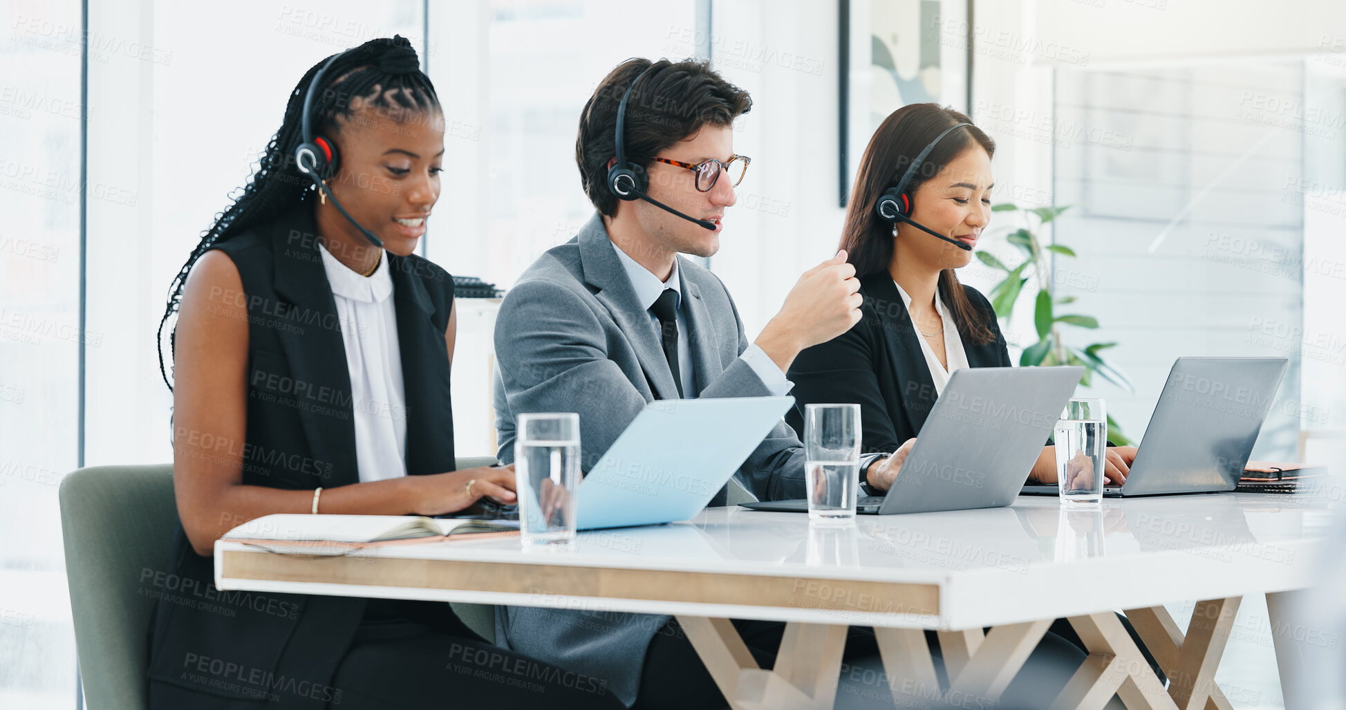 Buy stock photo Headset, laptop and support with business people in call center for financial consulting or feedback. Computer, customer service and finance with employee team at desk in workplace for advice or help