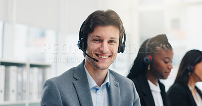 Buy stock photo Headset, team and portrait of man in call center for online help, lead generation or sales processing. Telemarketing, friendly agent and microphone for customer support, product advice and assistance