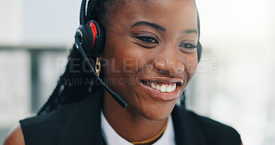 Buy stock photo Headset, black woman and customer service consultant in office with CRM, contact or consultation. Mic, happy or African female technical support agent with communication for call center in workplace.