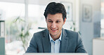 Business, laptop and man in office, online reading and internet with financial agency. Person, employee and investor in workplace, pc and email for profit report, connection and feedback for revenue