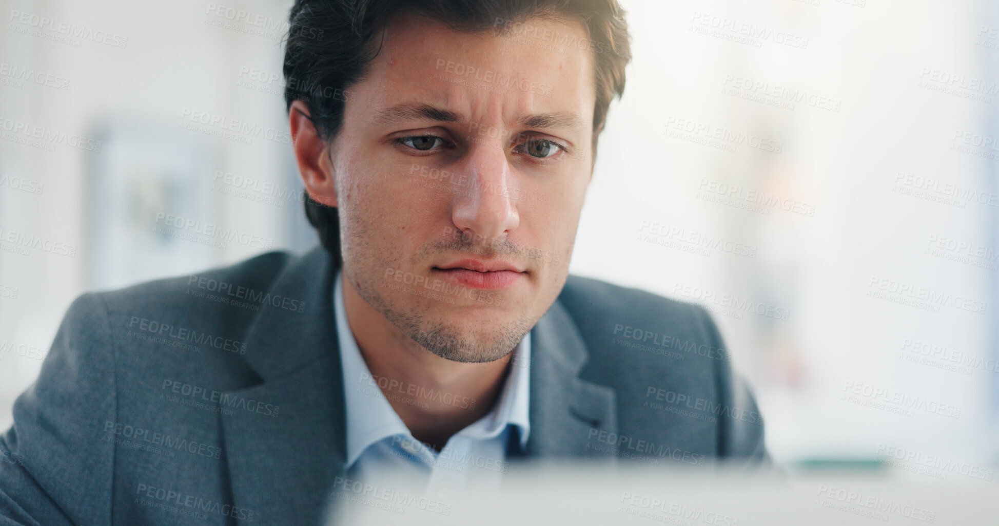 Buy stock photo Business, thinking and man in office, online reading and financial agency with internet. Person, solution and consultant with PC, choice or email for revenue report or proposal for investment deal