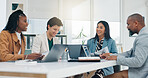 Meeting, laptop and business people in office with planning for finance proposal with budget. Discussion, computer and team of financial advisors with investment report for collaboration in workplace
