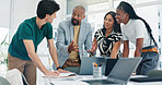 People, meeting and explain with laptop in office for accounting, finance policy and budget review. Staff, team and talking with pc for financial report, tax preparation and audit process for company
