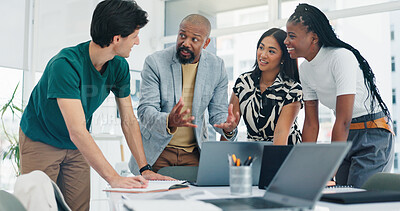 Buy stock photo People, meeting and explain with laptop in office for accounting, finance policy and budget review. Staff, team and talking with pc for financial report, tax preparation and audit process for company