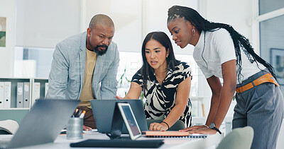 Buy stock photo Team, planning and laptop with business people in meeting for campaign advisor, project or research. Client briefing, public relations agency and online press release with employees for media pitch