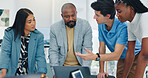 Business, people and explain with laptop in office for planning, finance report and review budget. Staff, team and briefing with pc for bookkeeping, company accounts and audit feedback for investment