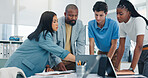 Business, people and meeting with laptop in office for planning, finance report and review budget. Staff, team and research with pc for bookkeeping, company accounts and audit feedback for investment