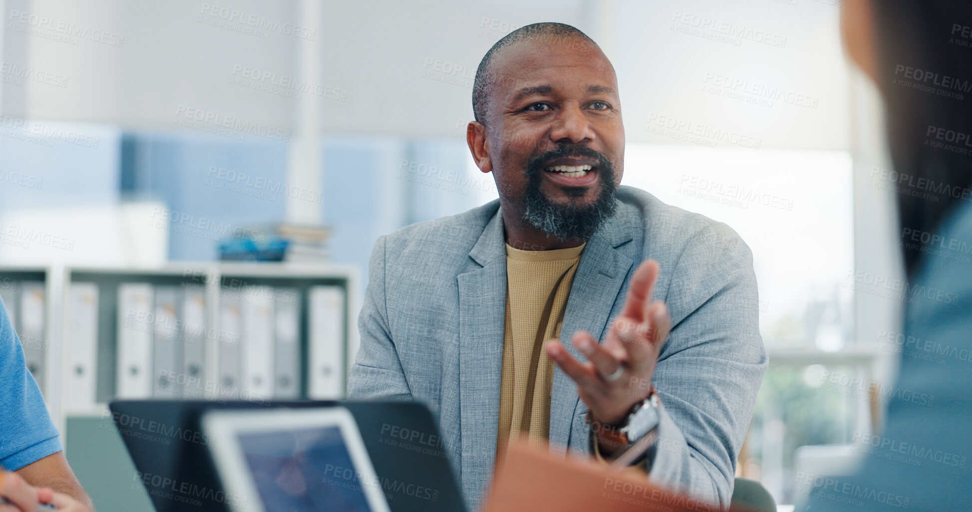 Buy stock photo Meeting, business and man talk in office for accounting, finance policy and budget review. People, team feedback and laptop for financial report, tax preparation and audit process of company proposal