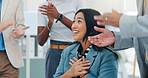 Woman, team and applause with success at office for achievement, goals or announcement at media company. Person, group and happy for celebration, support and excited for promotion at creative agency