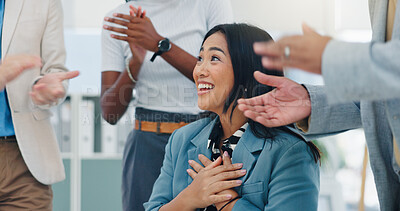 Buy stock photo Woman, team and applause with success at office for achievement, goals or announcement at media company. Person, group and happy for celebration, support and excited for promotion at creative agency