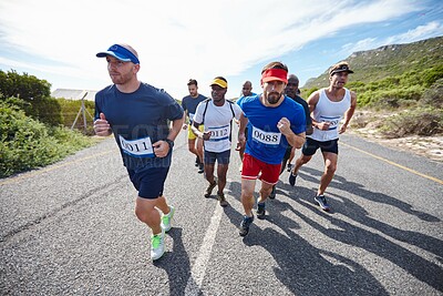 Buy stock photo People, running contest and outdoor marathon for fitness, cardio challenge and street for endurance. Athletes, competition and together for exercise in nature, international tournament and sports