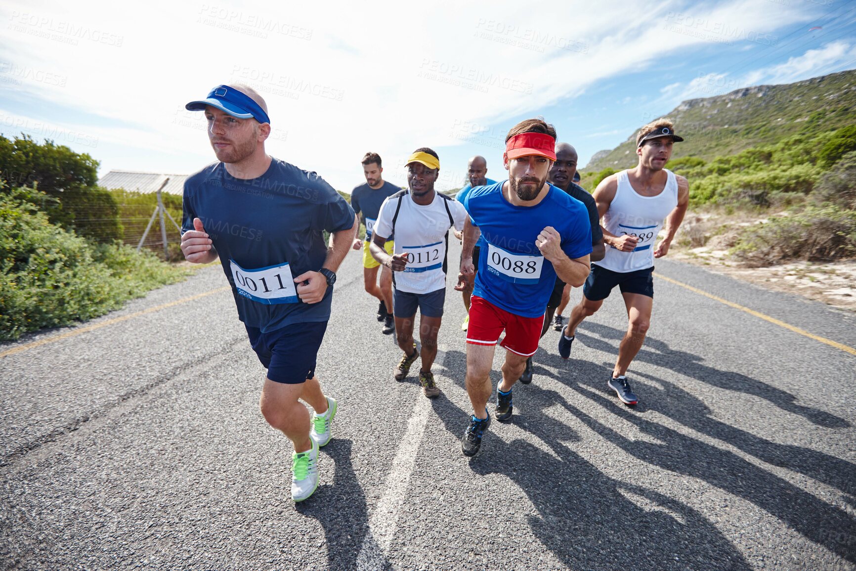 Buy stock photo People, running contest and outdoor marathon for fitness, cardio challenge and street for endurance. Athletes, competition and together for exercise in nature, international tournament and sports