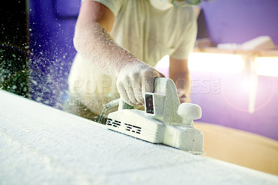 Buy stock photo Hands, workshop and foam with sanding, surfboard and creativity for skills, talent and hobby. Tools, artist and entrepreneur with craftsman for design manufacturing and custom work for artisan craft