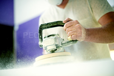 Buy stock photo Man, workshop and foam with sanding, surfboard and tools for skills, talent and hobby. Creative, artist and entrepreneur with craftsman for design manufacturing and custom work for artisan craft