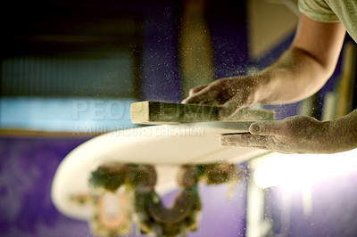 Buy stock photo Surfboard, hands and sanding foam in workshop for manufacturing, design or polish. Surf, person and tools to shape blank with block, smooth and production process with dust for creative handcraft