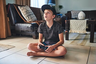 Buy stock photo Home, television and kid relax with video games on vacation or gaming on holiday in lounge. Boy, house and child playing online rpg battle or watch competition in esports with  subscription or app