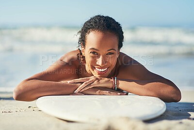 Buy stock photo Portrait, surfer and happy woman at beach on summer vacation, holiday and travel. Surfboard, face and smile of girl at ocean for fitness, sport and exercise outdoor to relax for adventure in Bali