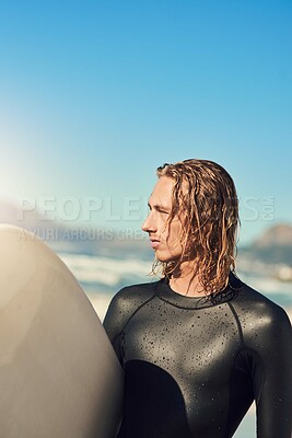 Buy stock photo Man, thinking and board for surfer by ocean, workout and training for water sports on island. Male person, mockup space and travel in nature for waves, planning and serious athlete for exercise