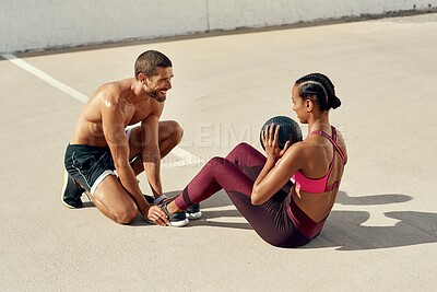 Medicine ball, outdoor and workout or woman, coach and stretching on roof, training and fitness for body. Sports, athlete and personal trainer for strength, wellness and building of muscle for sport