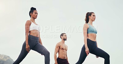 Buy stock photo People, yoga and stretching together in fitness club for sports, health or wellness in outdoor class. Friends, exercise or pilates training in group for teamwork, community and support in nature