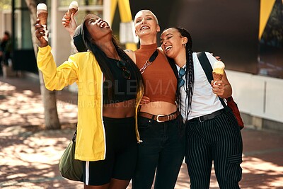 Buy stock photo Woman friends, ice cream and street in city with edgy gen z fashion, summer and happiness on travel. Group, young women and students with smile, gelato or dessert on vacation with crazy laughing