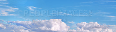 Buy stock photo Blue sky, clouds and weather landscape in nature with atmosphere, natural environment and earth. Banner, Mockup space and cumulus in stratosphere for climate regulation, temperature and meteorology