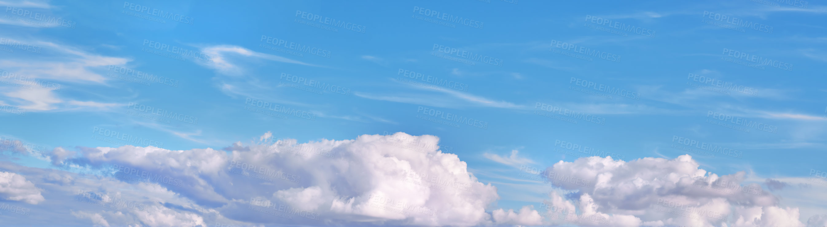 Buy stock photo Blue sky, clouds and weather landscape in nature with atmosphere, natural environment and earth. Banner, Mockup space and cumulus in stratosphere for climate regulation, temperature and meteorology