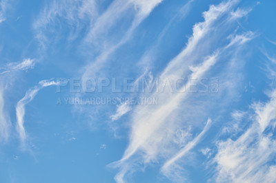 Buy stock photo Background, pattern and blue sky with clouds in air for natural beauty, aesthetic and wallpaper. Nature, atmosphere and scenic view of cloudy space for weather, environment and climate in morning