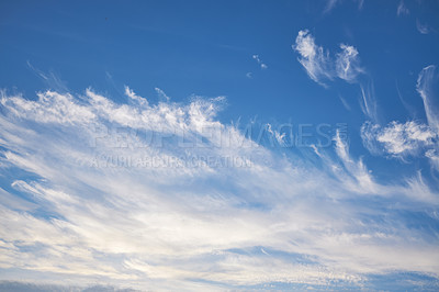 Buy stock photo Background, nature and blue sky with clouds in air for natural beauty, aesthetic and textures. Pattern, atmosphere and scenic view of cloudy space for weather, environment and climate for morning