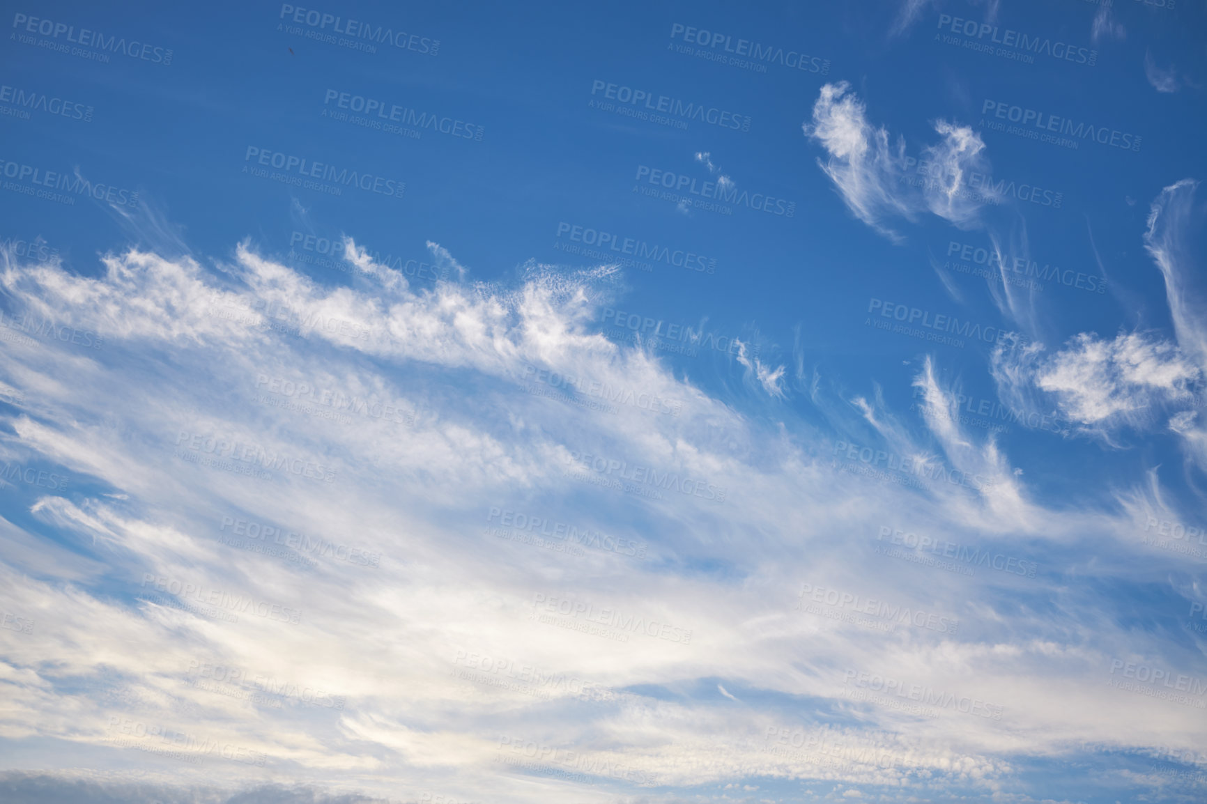 Buy stock photo Background, nature and blue sky with clouds in air for natural beauty, aesthetic and textures. Pattern, atmosphere and scenic view of cloudy space for weather, environment and climate for morning