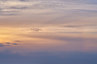 Buy stock photo Sunset, pattern and sky with clouds for background, aesthetic and natural beauty. Nature, atmosphere and cloudy streak with sunshine for evening, dusk and light on horizon, scenic view or skyline
