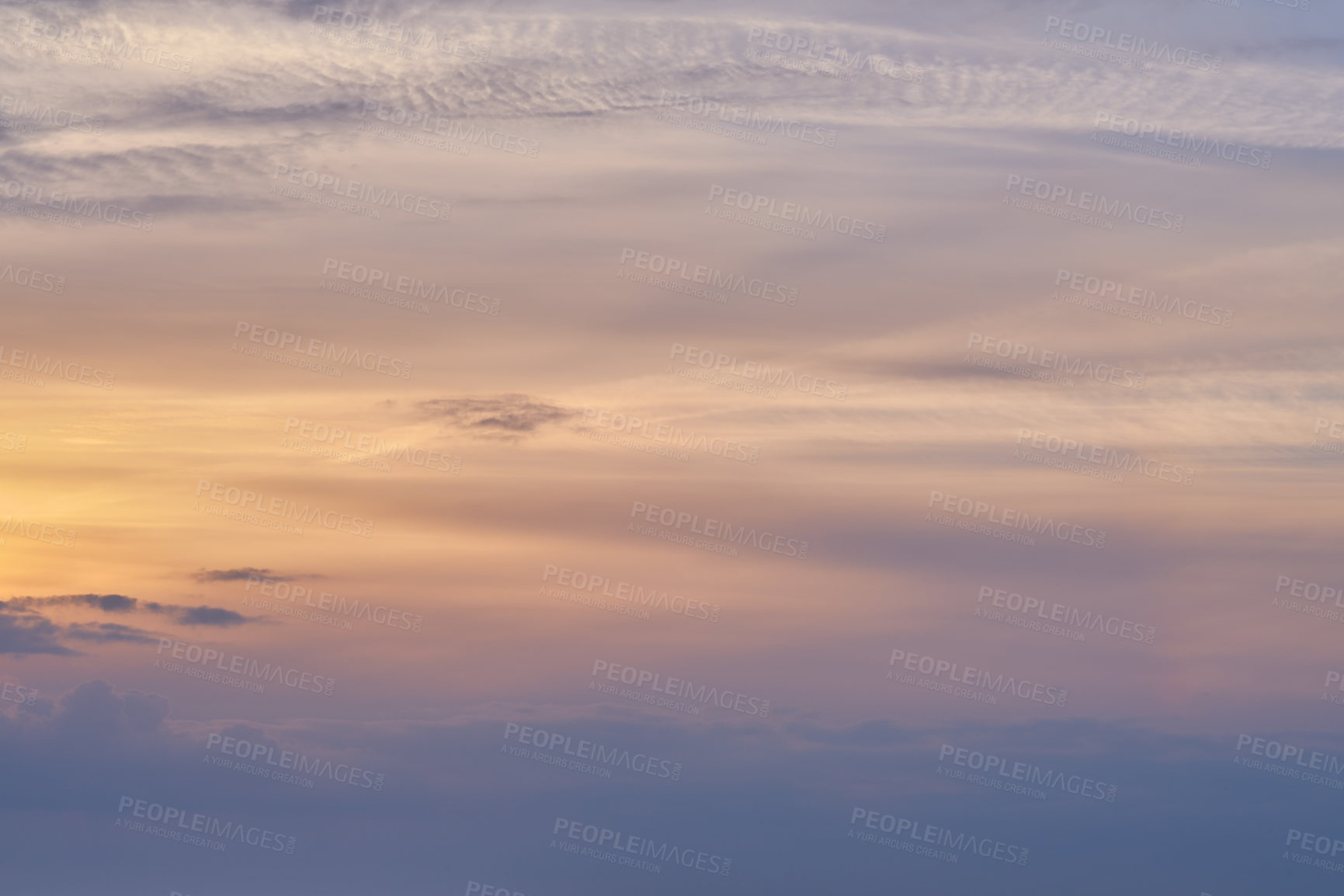 Buy stock photo Sunset, pattern and sky with clouds for background, aesthetic and natural beauty. Nature, atmosphere and cloudy streak with sunshine for evening, dusk and light on horizon, scenic view or skyline