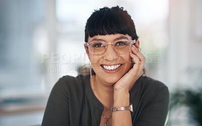 Buy stock photo Business woman, face and hand by chin in office for relax, company and work with confident smile. Entrepreneur, happy and glasses in workplace for creative agency, startup and job as event planning