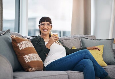 Buy stock photo Woman, juice and smile in portrait on sofa with drink for breakfast, health or diet in home living room. Person, fruit punch or happy for nutrition, detox or glass to lose weight at house in Colombia