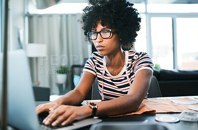 Buy stock photo Laptop, planning and woman with glasses, creative and inspiration for fashion designer and online. Typing, serious and CAD software for digital sketches, portfolio and person with eyewear and project