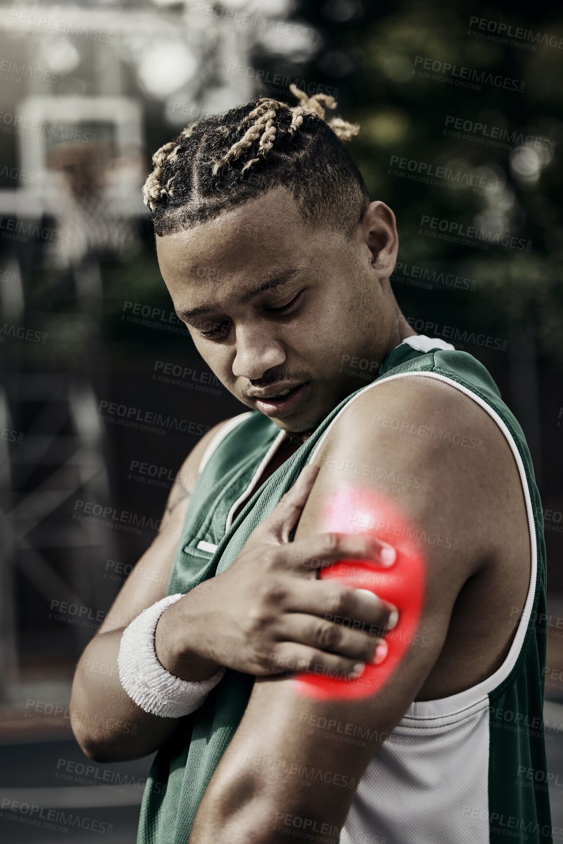 Buy stock photo Arm injury, pain and athlete sport muscle inflammation of a black man with a medical issue. Basketball player holding a sports emergency accident after exercise, fitness and game match workout