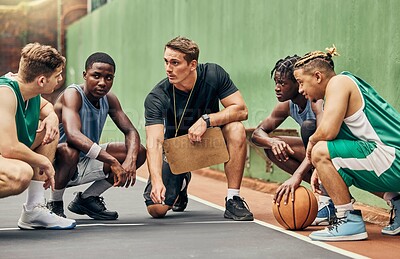 Buy stock photo Basketball strategy, team sports and coach talking to USA sport group about coaching for game on court. Young athlete students in communication about idea during training for professional competition
