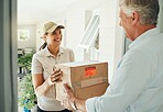 Delivery, courier service and people with box for safe, care and easy distribution in e commerce, shipping industry. Cardboard package, worker woman and house man at front door for stock supply chain