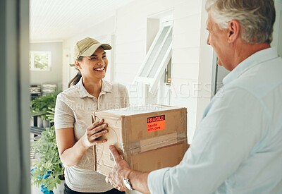 Buy stock photo Delivery, courier service and people with box for safe, care and easy distribution in e commerce, shipping industry. Cardboard package, worker woman and house man at front door for stock supply chain