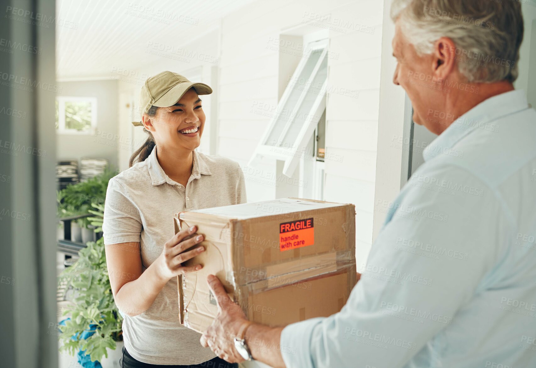 Buy stock photo Delivery, courier service and people with box for safe, care and easy distribution in e commerce, shipping industry. Cardboard package, worker woman and house man at front door for stock supply chain
