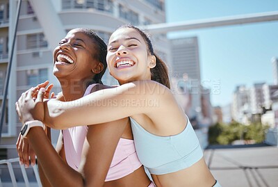 Buy stock photo Fitness friends, women and support hug in city workout, running motivation and summer exercise outdoors. Happy, diversity and wellness excited female athletes, runners and pride for healthy training