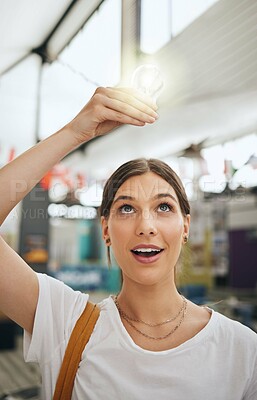 Buy stock photo Idea, digital lightbulb and student thinking of education and future in design class at a university. Creative girl with motivation for learning, knowledge and problem solving with cgi at college