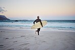 Man, fitness at the beach, running with surfboard to the ocean for waves at sunrise. Mature surfer is in wet suit, to surf for adventure and to enjoy the sea, travel and summer on island. 