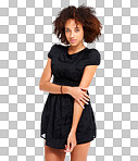 A Black woman, fashion model and portrait of a person with natural hair, youth and designer clothing. Cool, calm and beauty of a african female with afro hairstyle with mockup and stylish dress design isolated on a png background