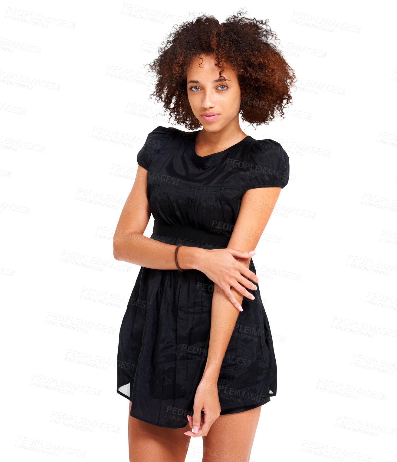 Buy stock photo Black woman, fashion model and portrait with natural hair, youth or designer clothing. Cool, calm or beauty of African female, afro hairstyle or stylish dress isolated on a transparent png background