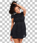 Fashion, portrait and black woman with clothes and sexy, beauty with retail mockup isolated on a png background. Designer brand, trendy style and confident fashion model with motivation and stylish