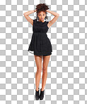 A Black woman, beauty portrait and fashion with natural hair wearing a black dress. Young female model posing with free space for marketing and advertising cosmetics or clothes isolated on a png background