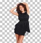 A Black woman, portrait or afro and hands up in fashion party dress, trendy clothes or cool style clothing. Happy smile, model or fun dancing on studio mockup backdrop for marketing isolated on a png background