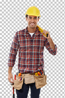 Buy stock photo Portrait, construction and man in a hardhat, tools and guy isolated against a transparent studio background. Face, male contractor and employee holding a level, engineer and handyman on png backdrop