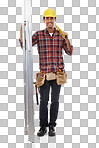 Construction, maintenance and portrait of a builder on a ladder for home improvement. Service, happy and safety construction worker with a building or repair job isolated on a png background in studio